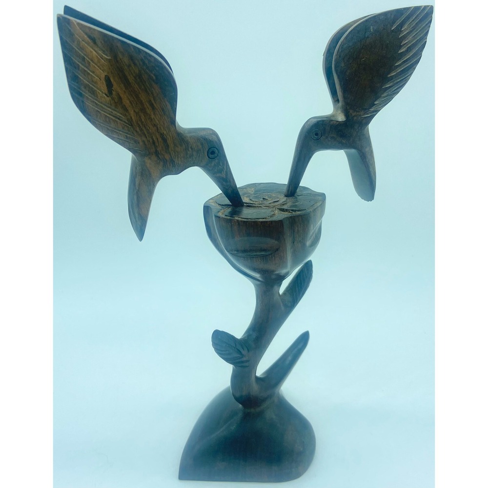 Handcarved Wood Hummingbirds  Flower 3D Sculpture 3 pc 2 Birds Removeable Floral